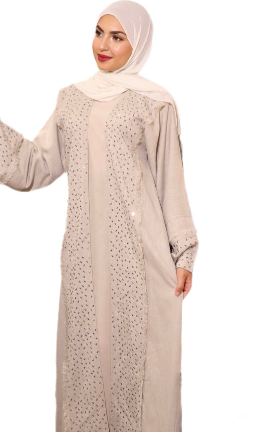Double Linen Abaya with Stone Work