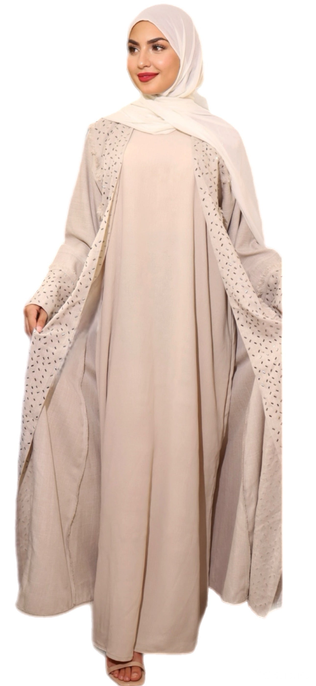 Double Linen Abaya with Stone Work